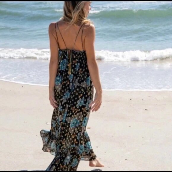 Natural Life The Alice Metallic Blue Floral Maxi Dress Size XS - Picture 2 of 10